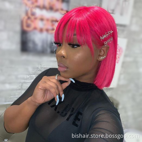 Wholesale Straight Full Machine Pixie Short Bob Wigs With Pink Rose Green Color Brazilian Cut Short Human Hair Wigs With Bang